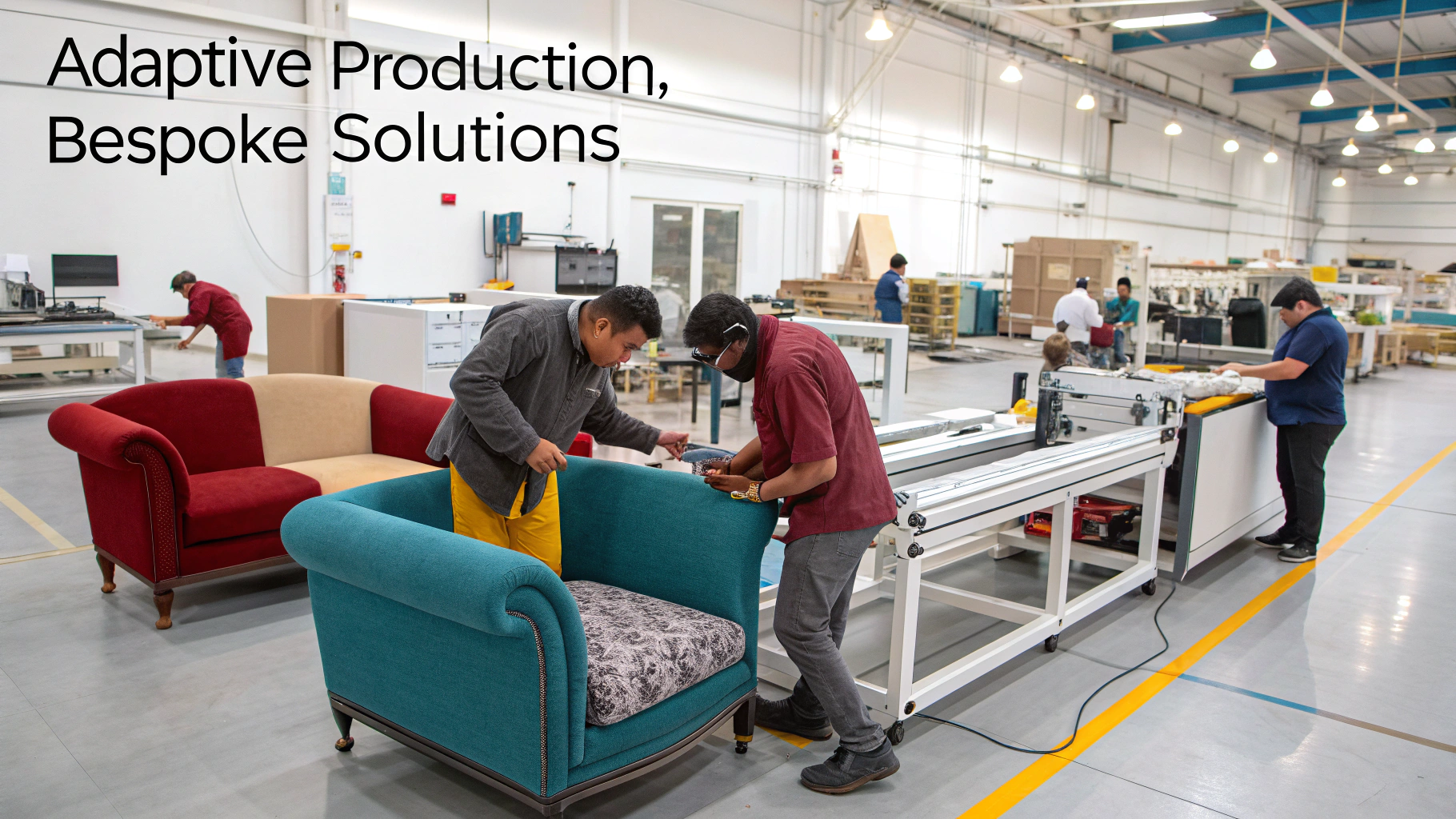 Production facility with workers assembling bespoke furniture solutions