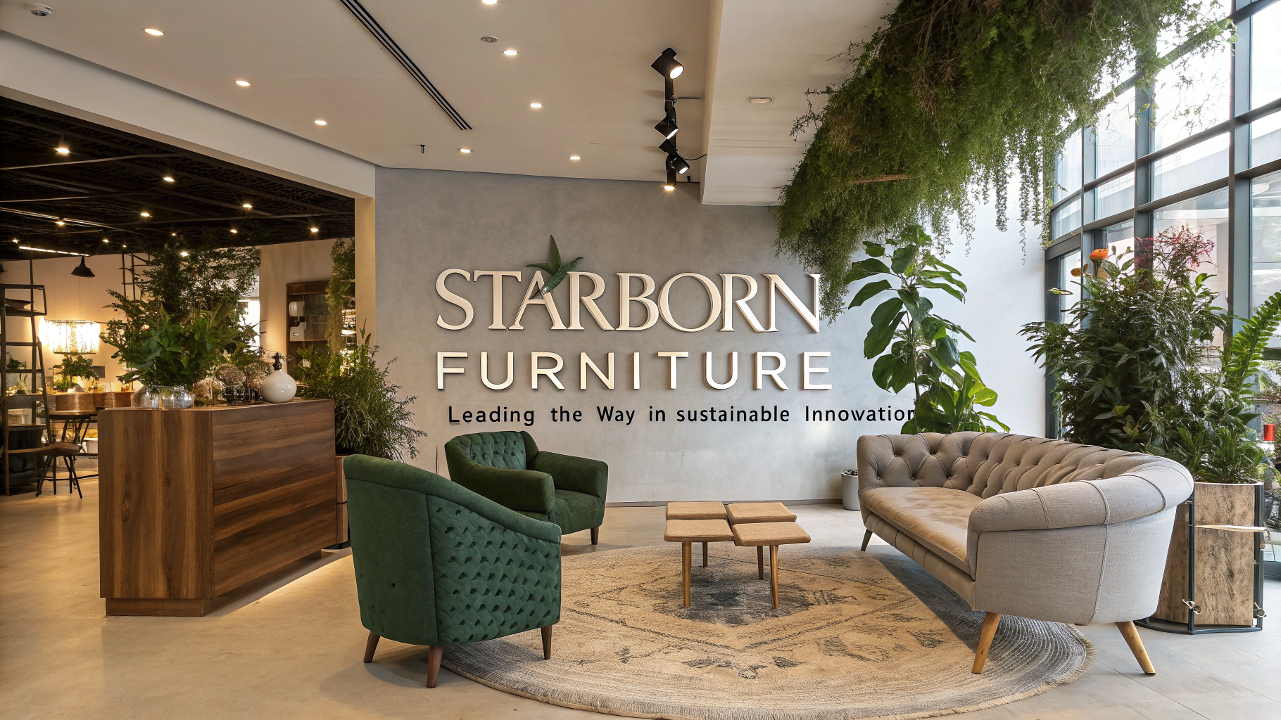 Modern furniture showroom with greenery, featuring Starborn Furniture logo and products
