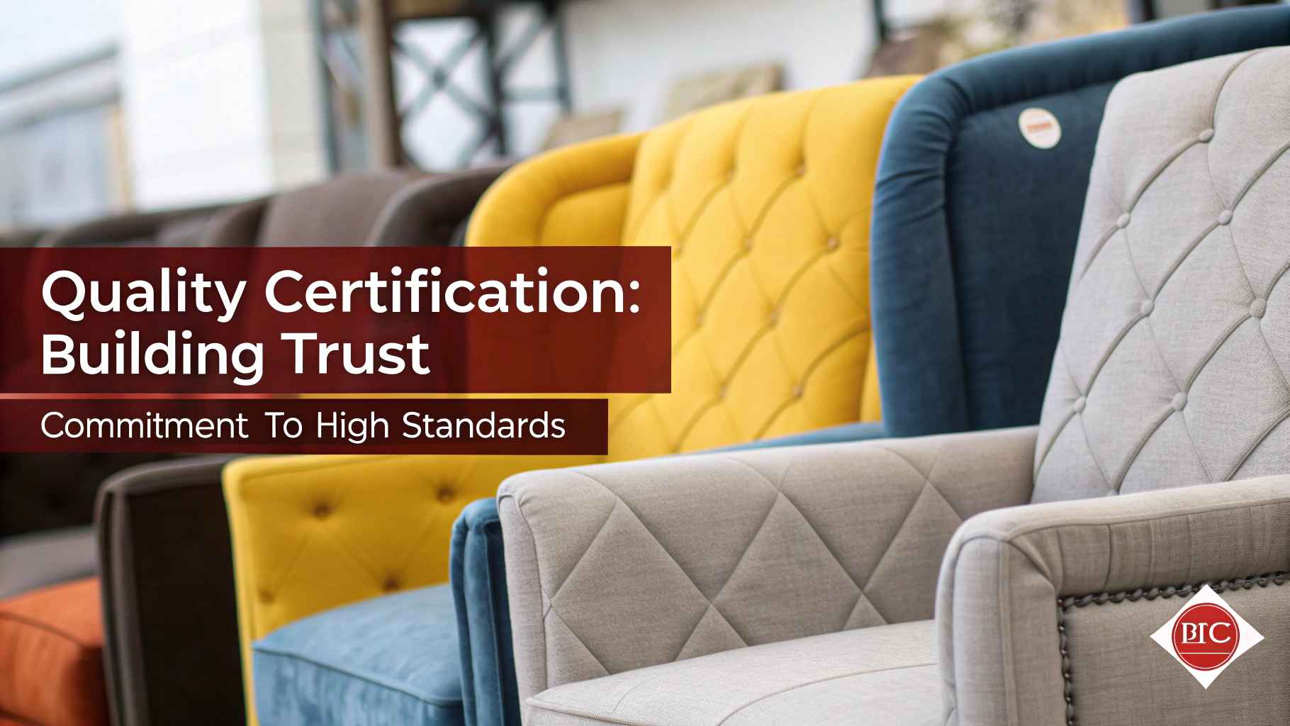 Colorful upholstered armchairs showcasing quality certifications
