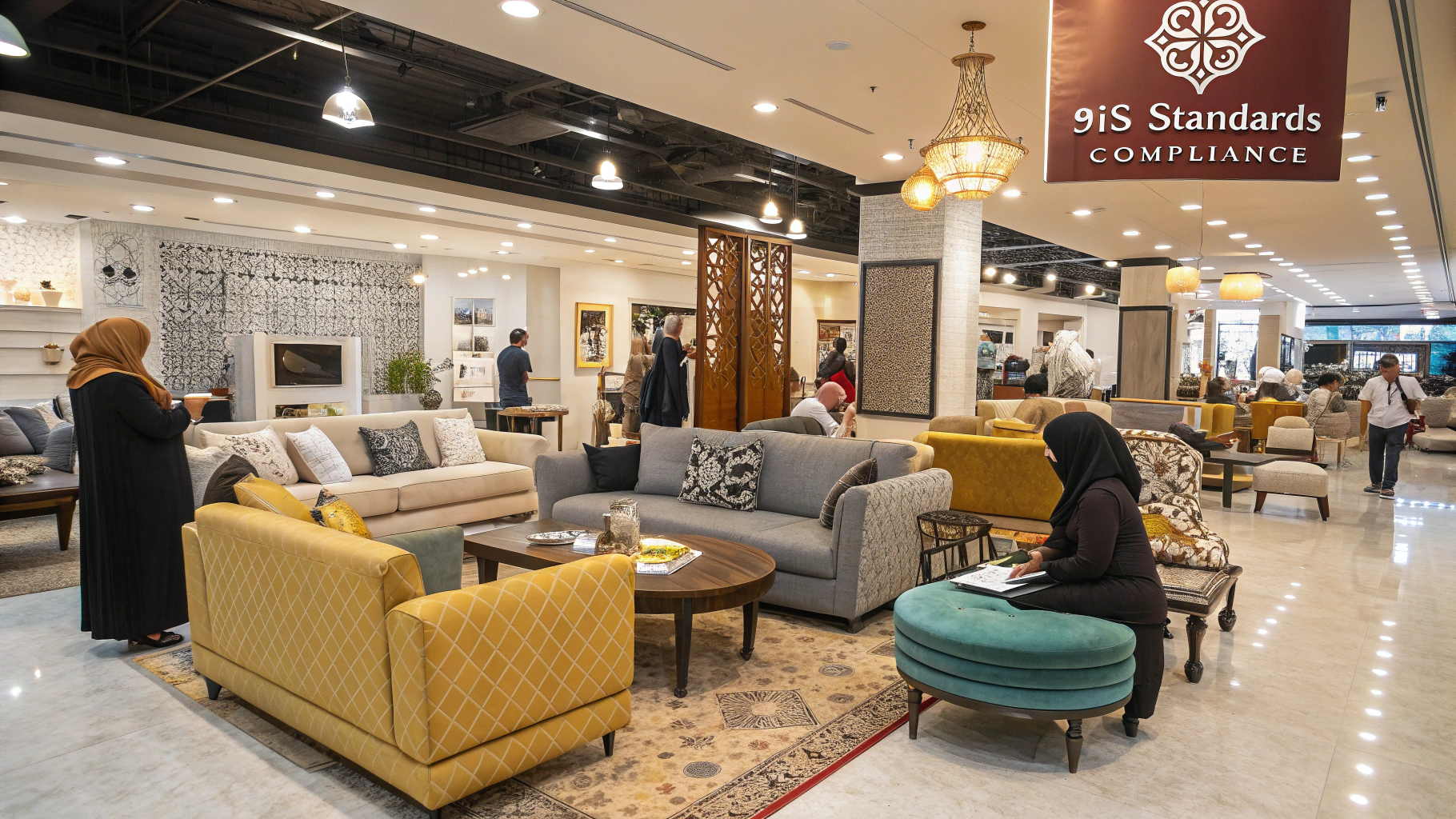 Modern furniture showroom with diverse upholstery styles and customers exploring options