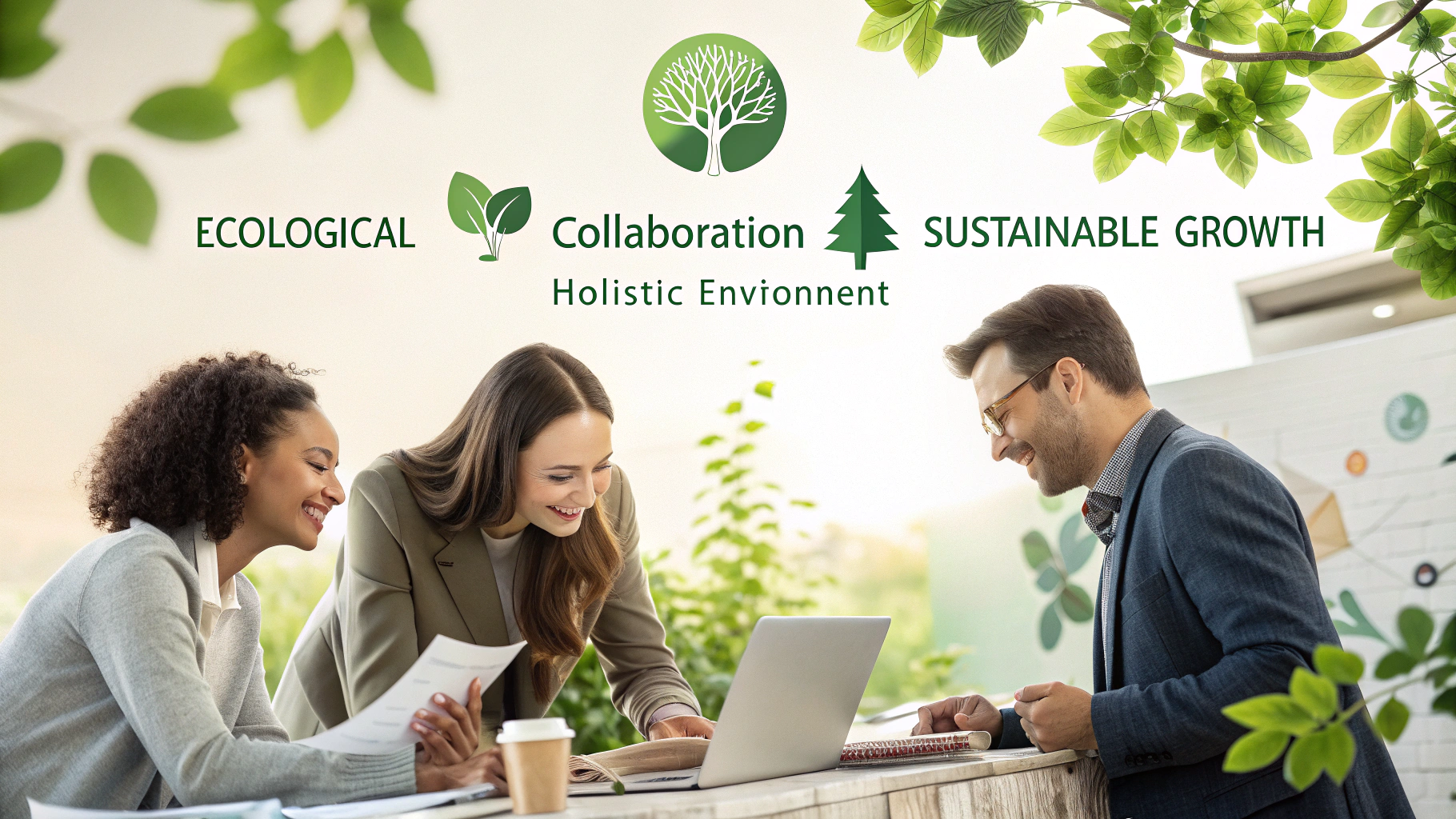 Three professionals collaborating with nature-themed elements in the background.