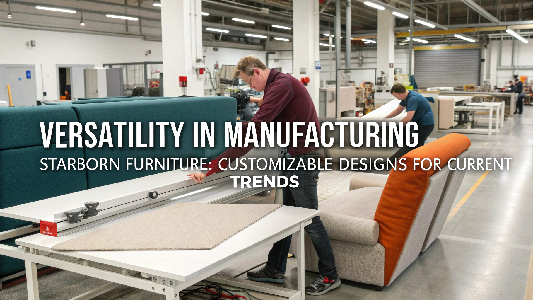  workers assembling customizable upholstery furniture in a modern factory setting