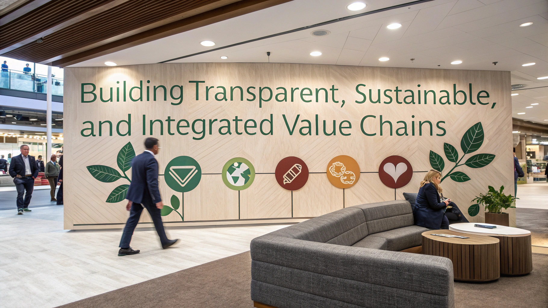 Modern lounge area with sustainability message on wall