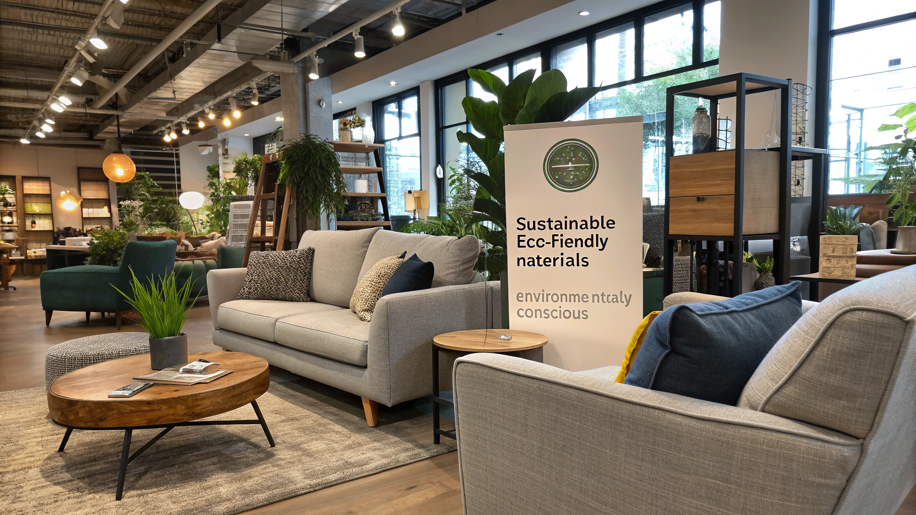 Living room with sustainable furniture designs and plants