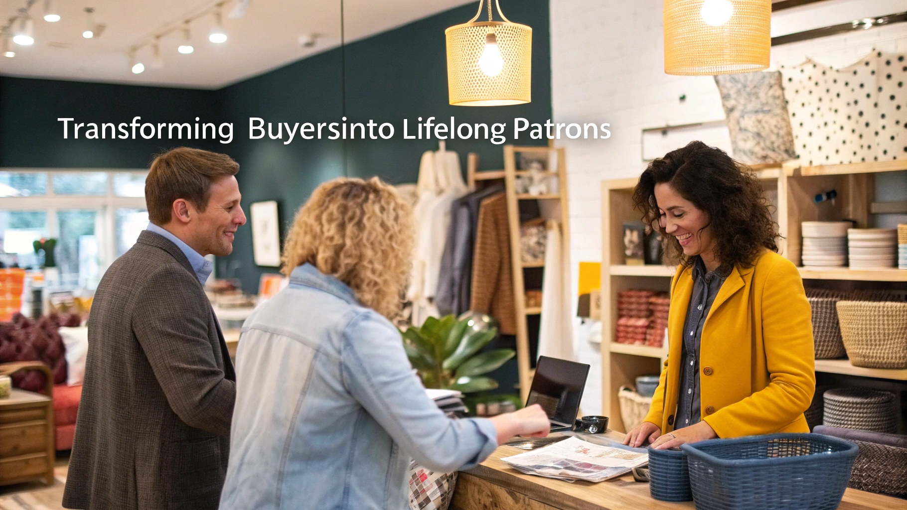 People interacting at a retail counter with a warm ambiance.