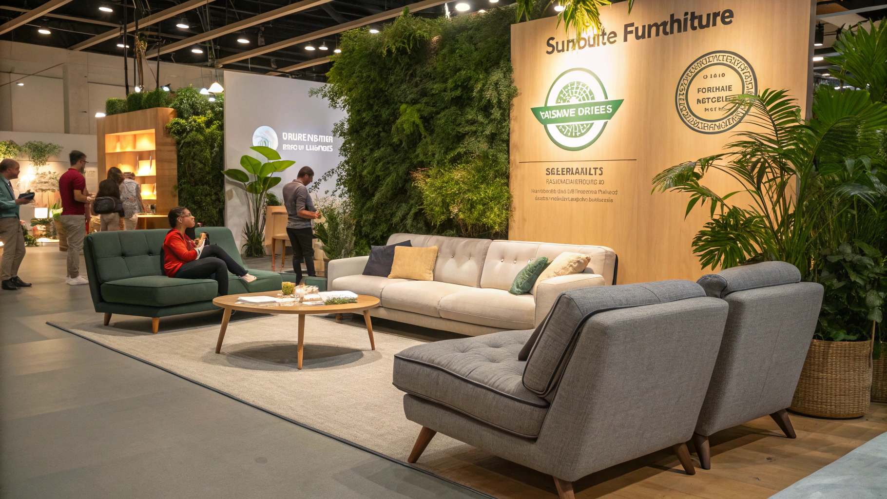 Modern upholstery furniture display at a trade show, featuring a green sofa and light gray chairs.