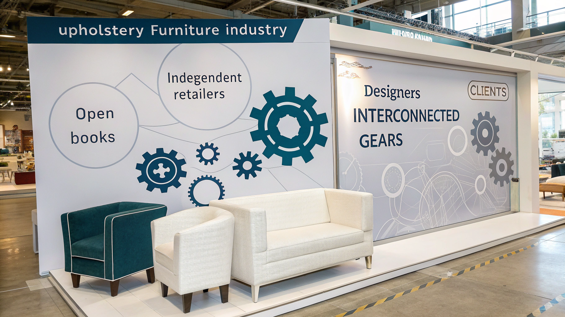upholstery furniture display at a trade show with interconnected gears