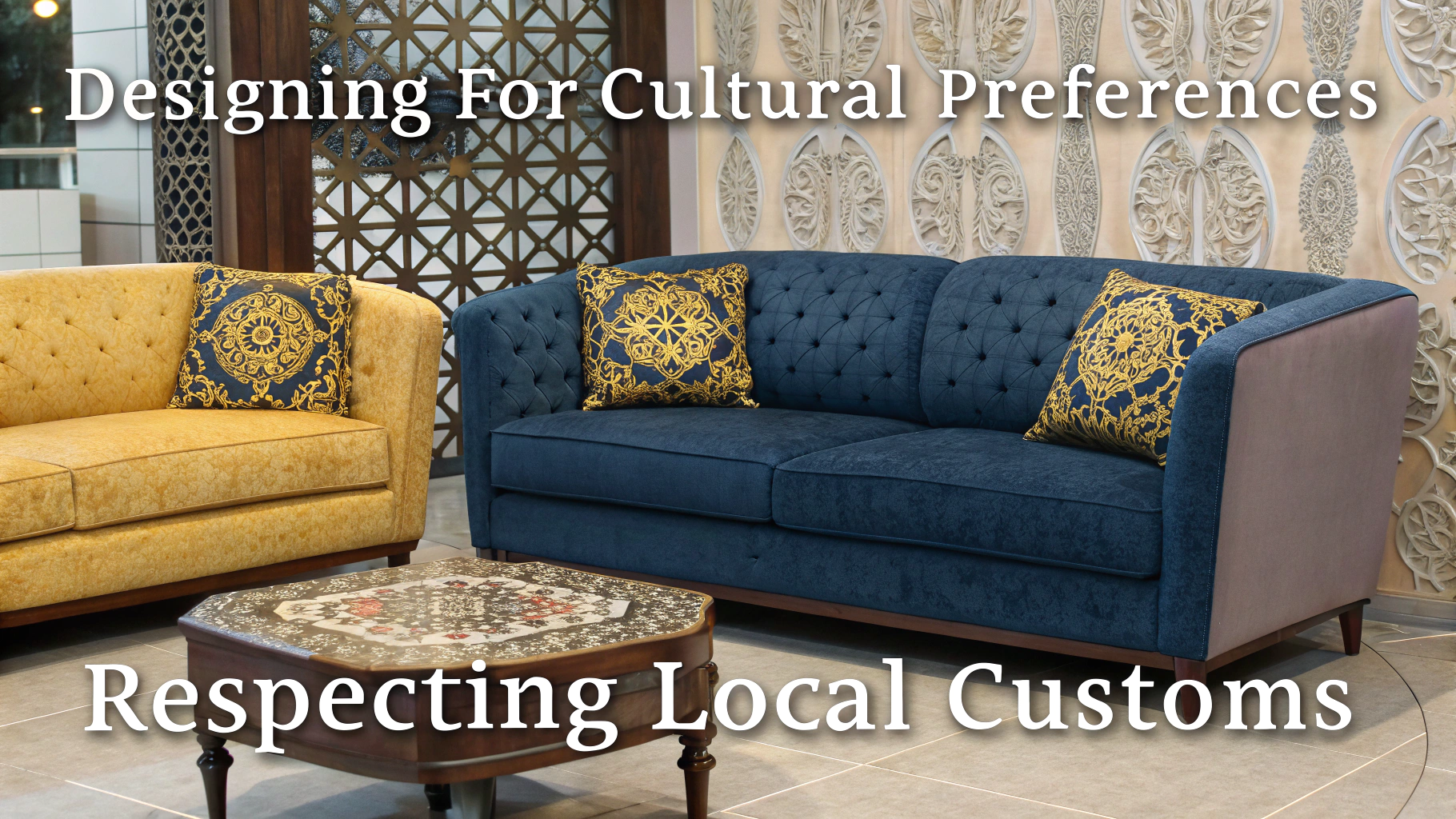 Two upholstered sofas with decorative pillows, showcasing cultural designs and craftsmanship