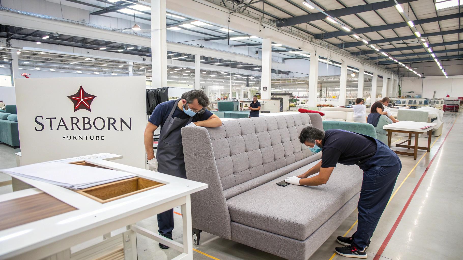 Workers assembling upholstery furniture in a factory setting, showcasing craftsmanship and quality control.