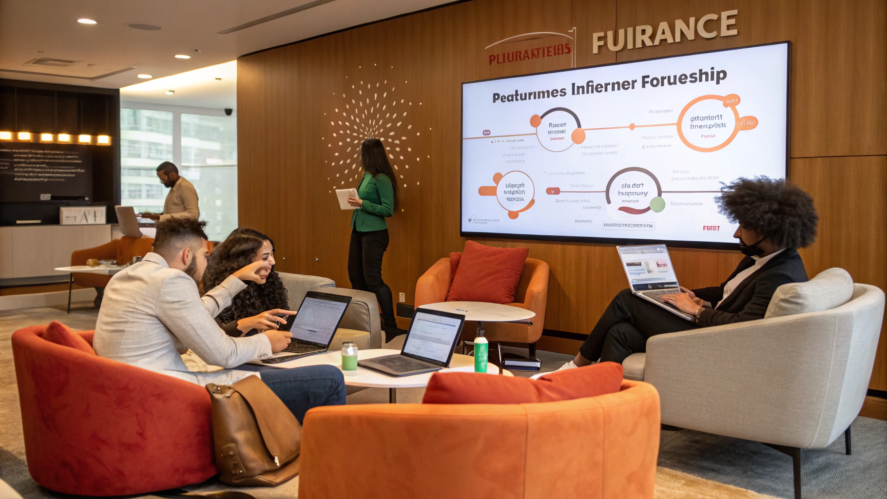 Group meeting in a modern workspace discussing strategies and ideas