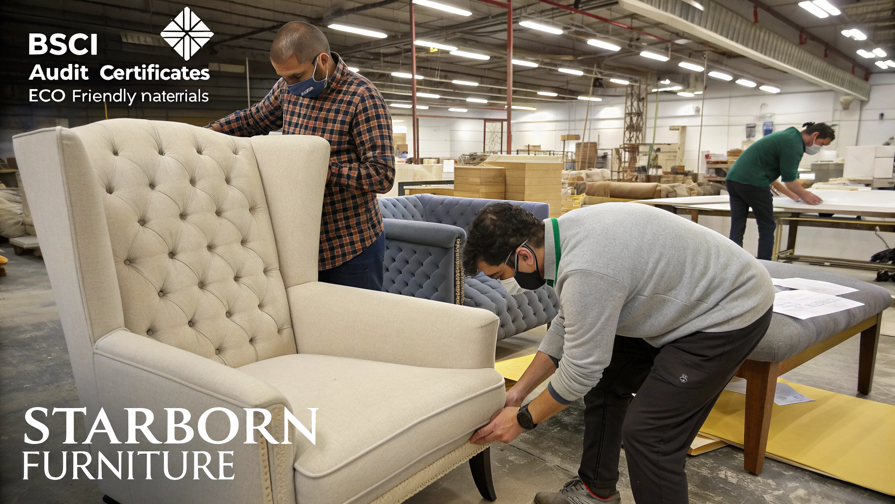 workers assembling high-quality upholstered furniture in the factory