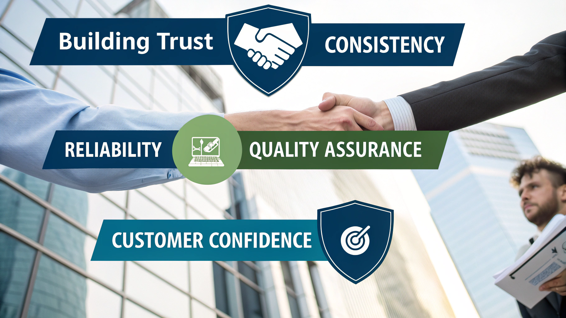 Handshake illustrating trust and quality assurance in business, with key terms highlighted