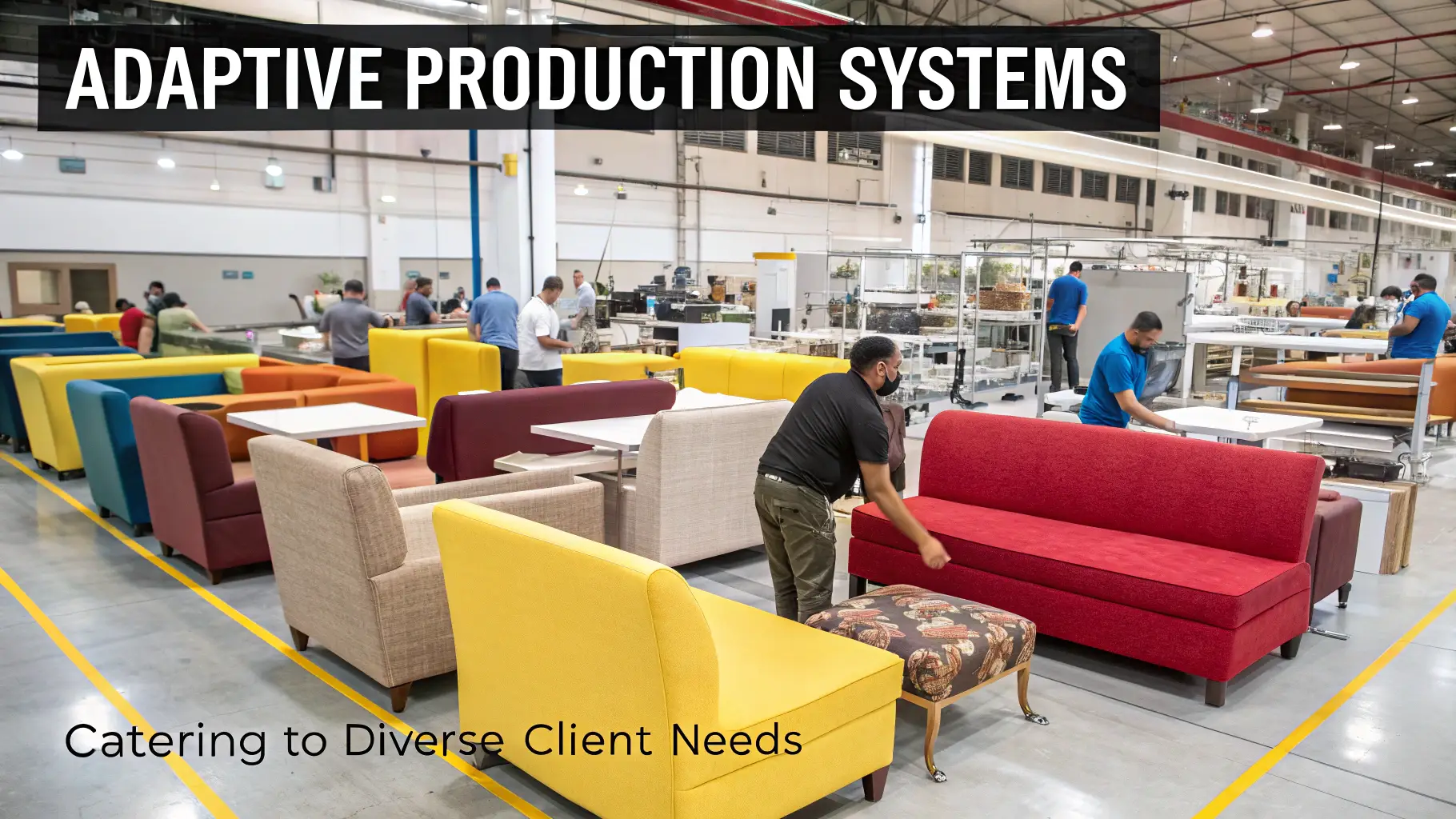 Furniture production line showcasing adaptive systems and diverse designs in a factory setting.