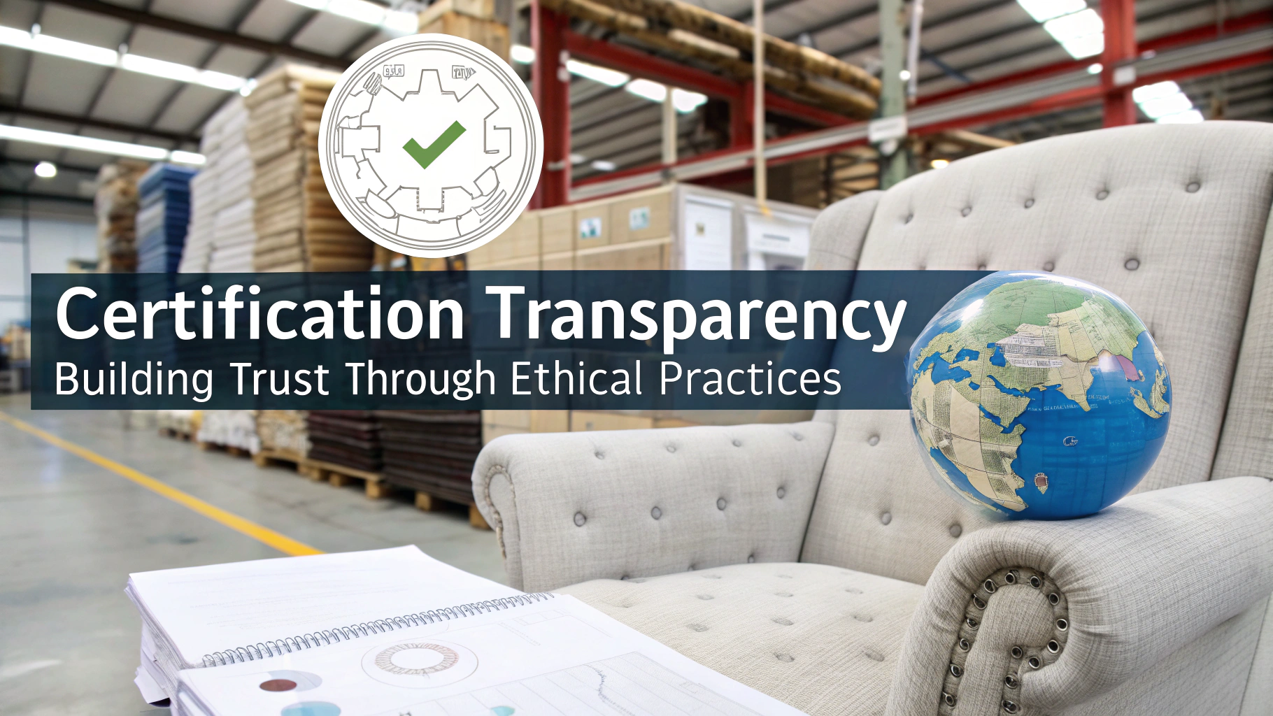 Upholstered chair with globe, showcasing certification and ethical practices in furniture manufacturing
