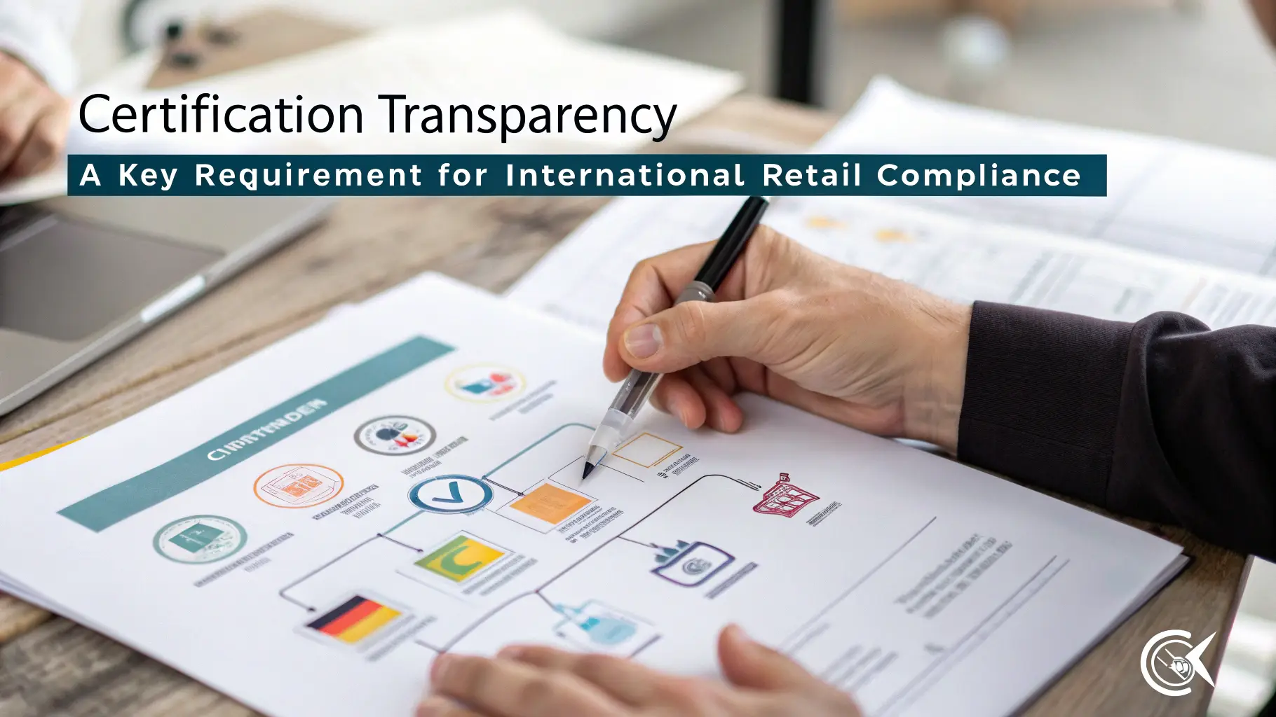 A person reviewing certification documents for retail compliance