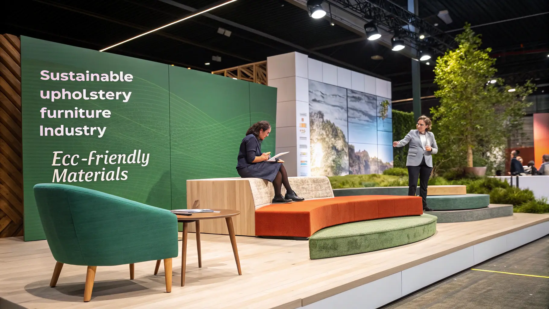 Sustainability event showcasing upholstery furniture innovations with speakers on stage.