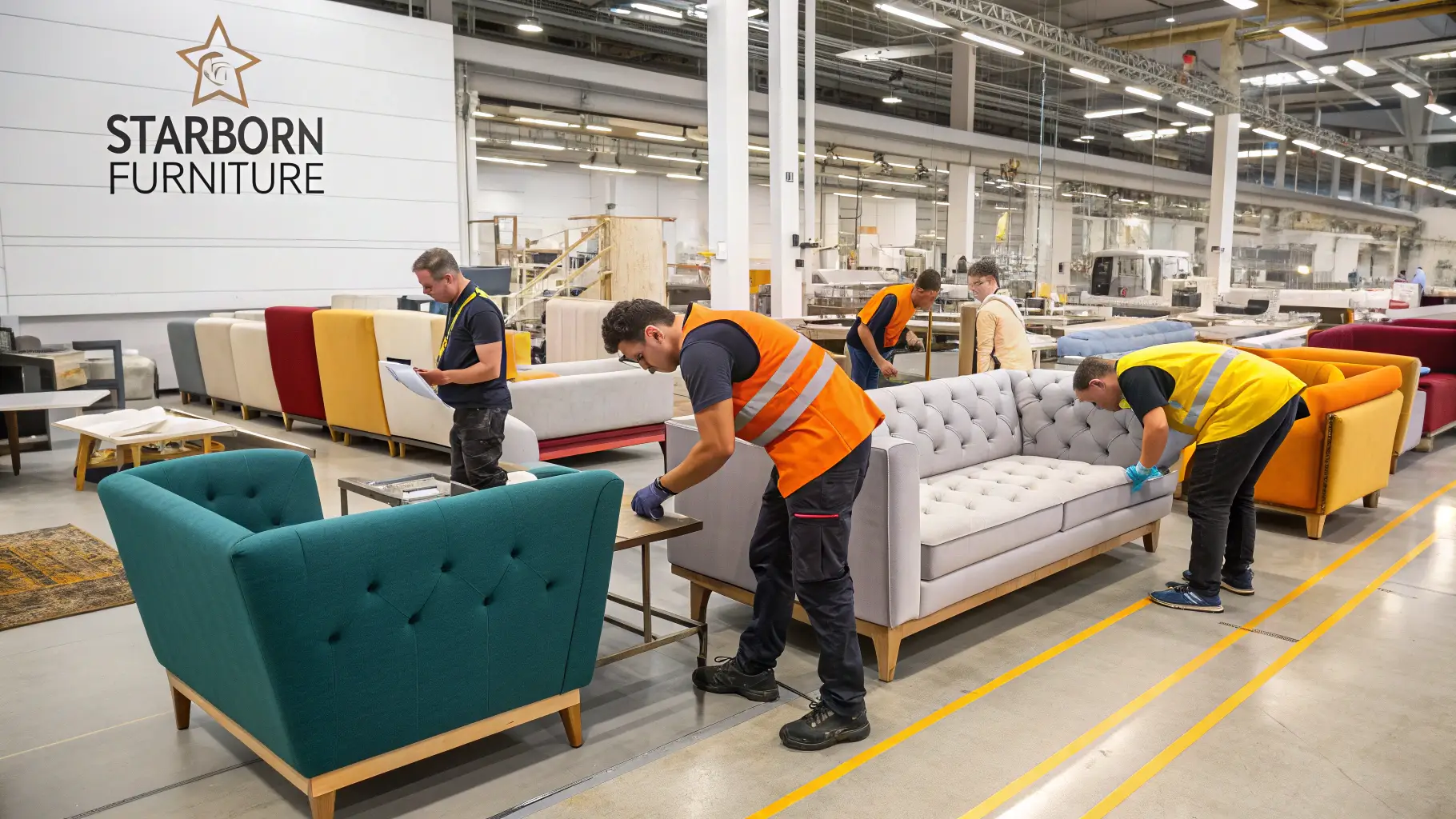 workers assembling upholstered furniture in Starborn Furniture factory