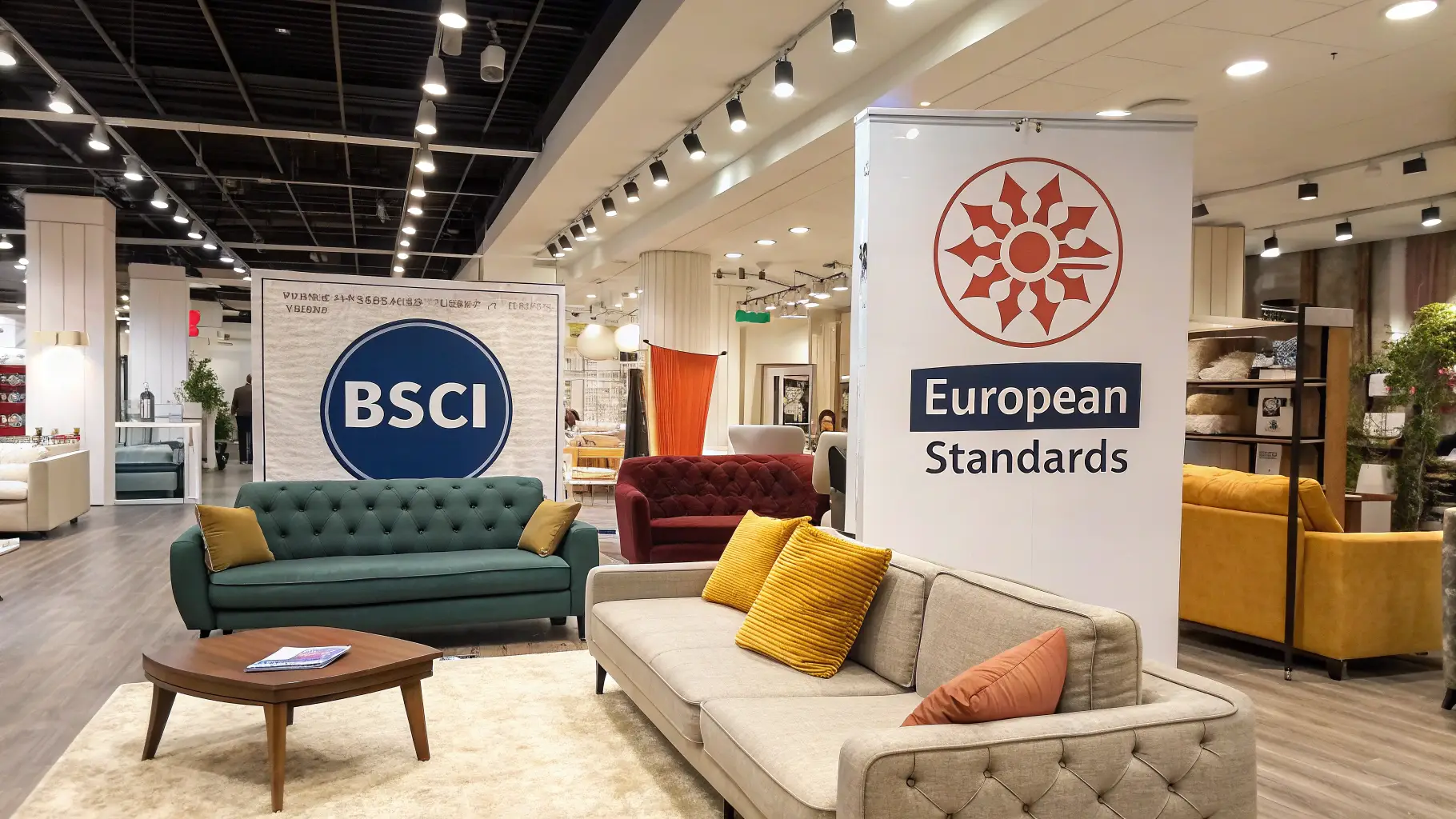 Stylish furniture display with BSCI and European Standards signage