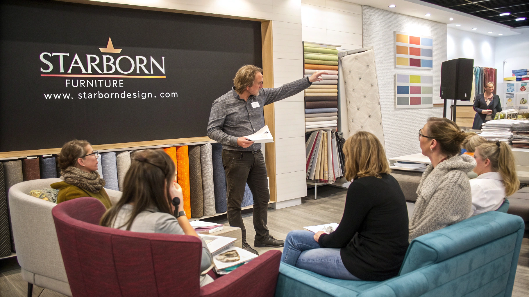 Presentation about upholstery fabrics at Starborn Furniture, vibrant colors and engaged audience