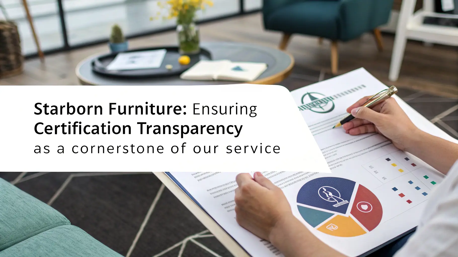 Person reviewing certification documents for Starborn Furniture in a stylish interior setting.