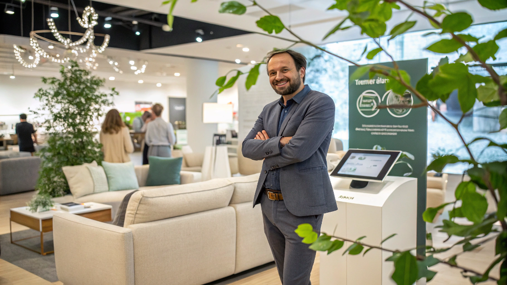Happy furniture store owner shaking hands with customer