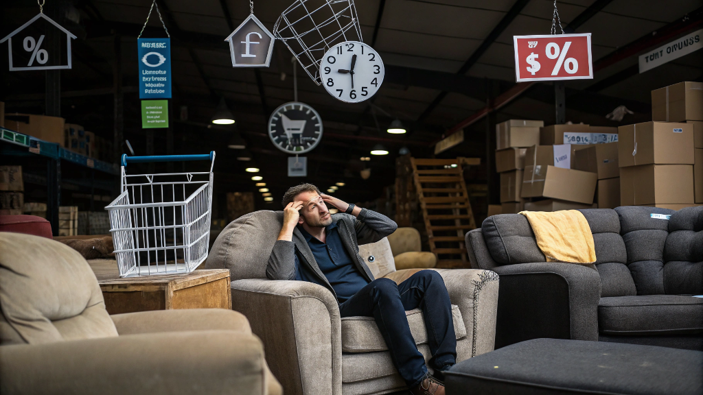Overstocked furniture warehouse filled with unsold inventory
