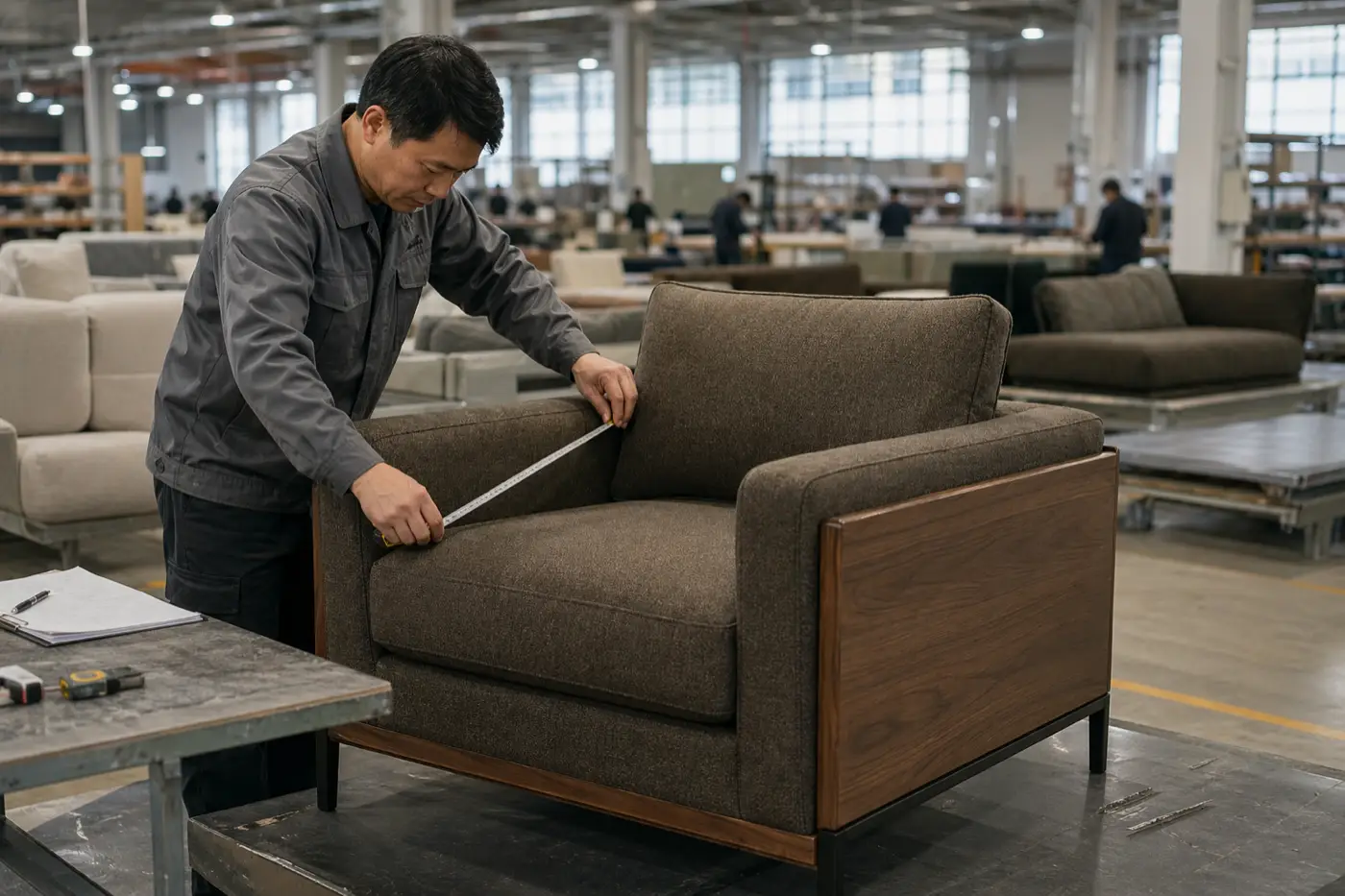 Factory quality inspection process showing detailed craftsmanship review