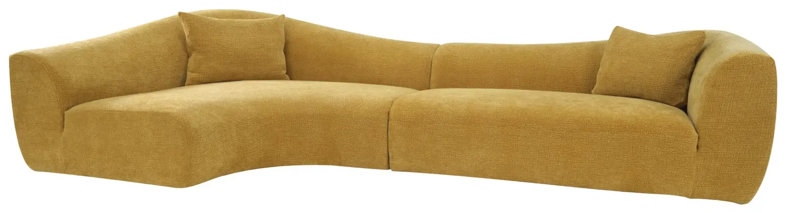 A mustard modular sofa with a long low profile and soft curves