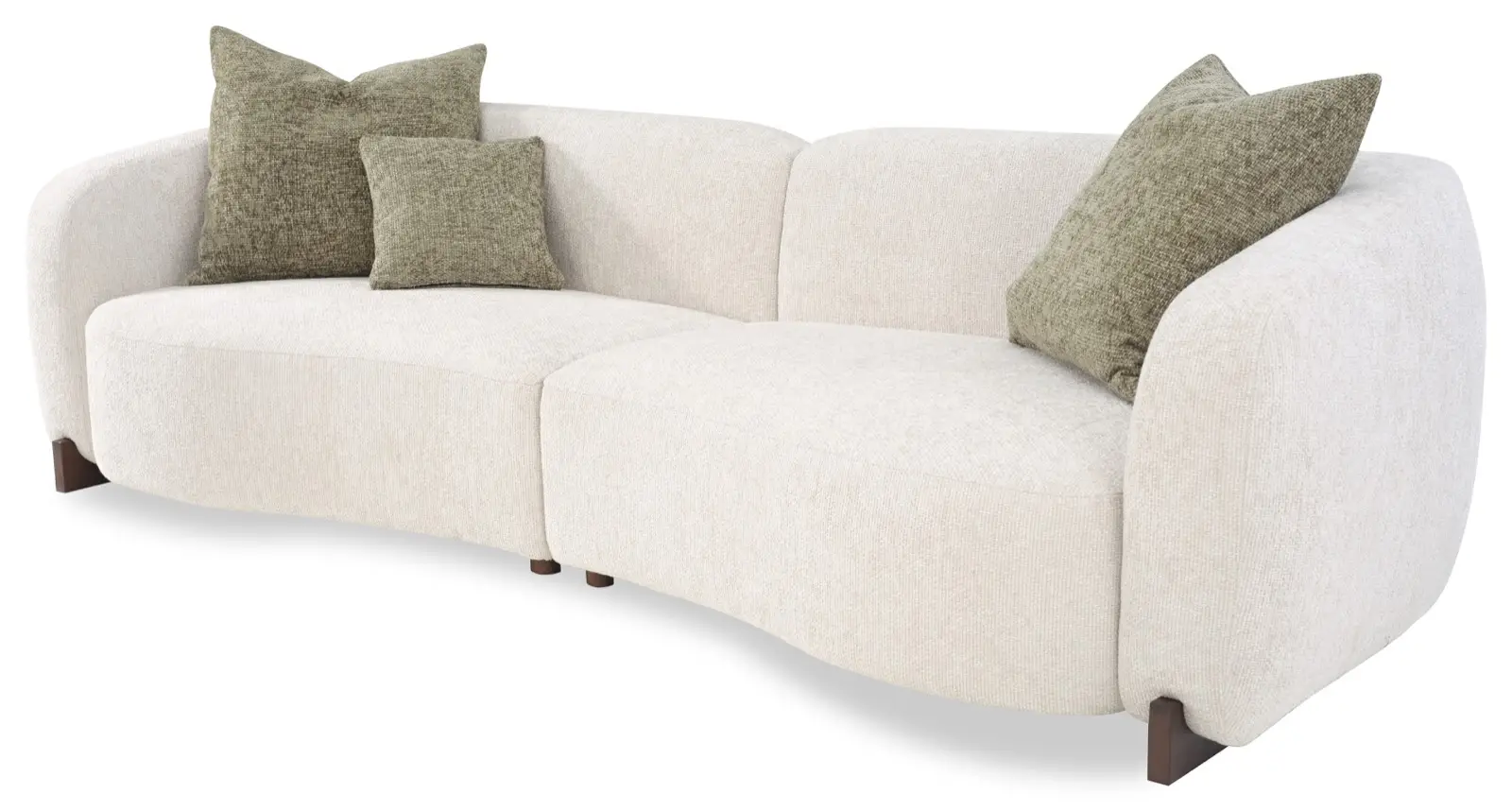 A soft ivory sofa with rounded arms and muted olive accent pillows