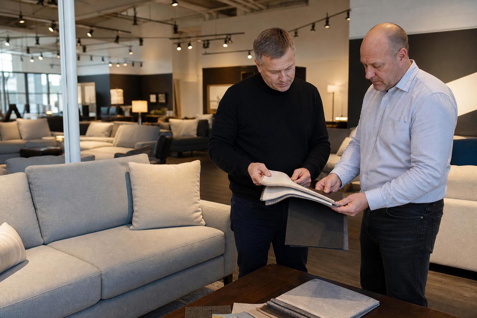 physical furniture store sofa display decision