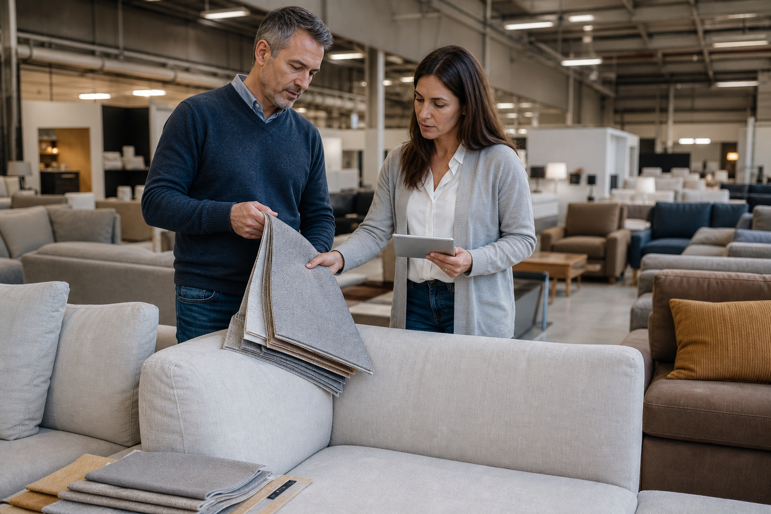 physical furniture store sofa display decision