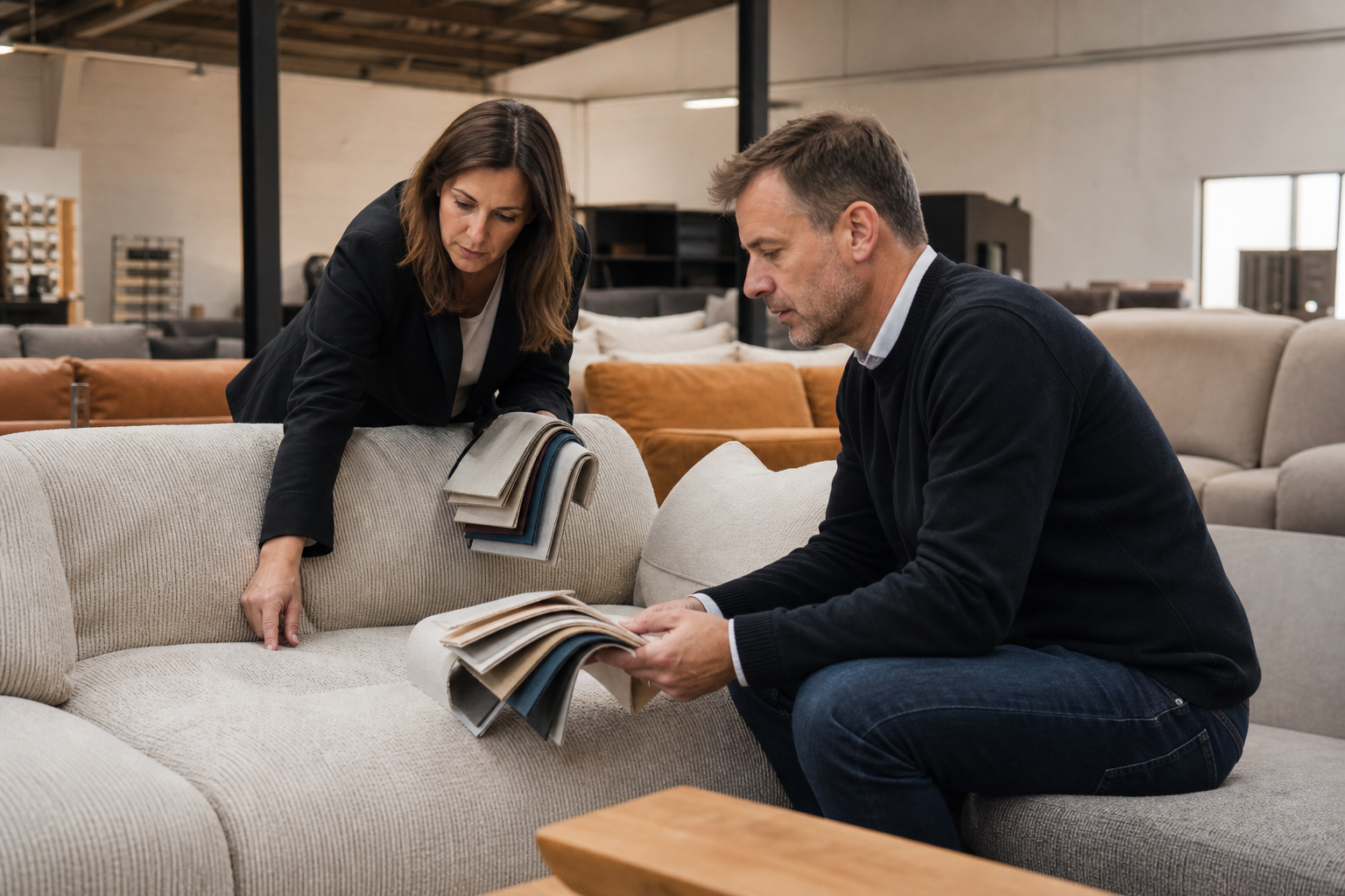 physical furniture store sofa display decision