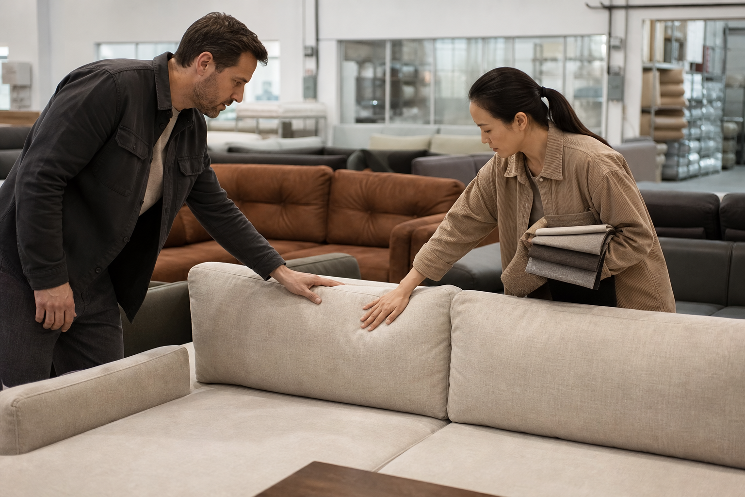 physical furniture store sofa display decision