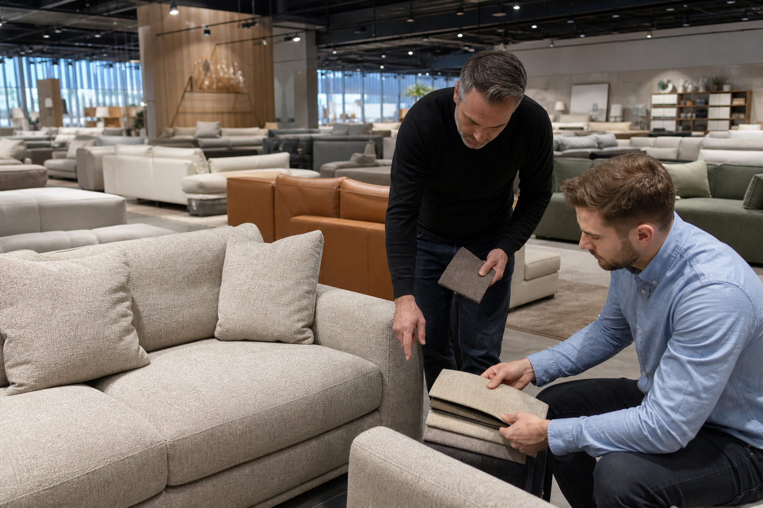 physical furniture store sofa display decision