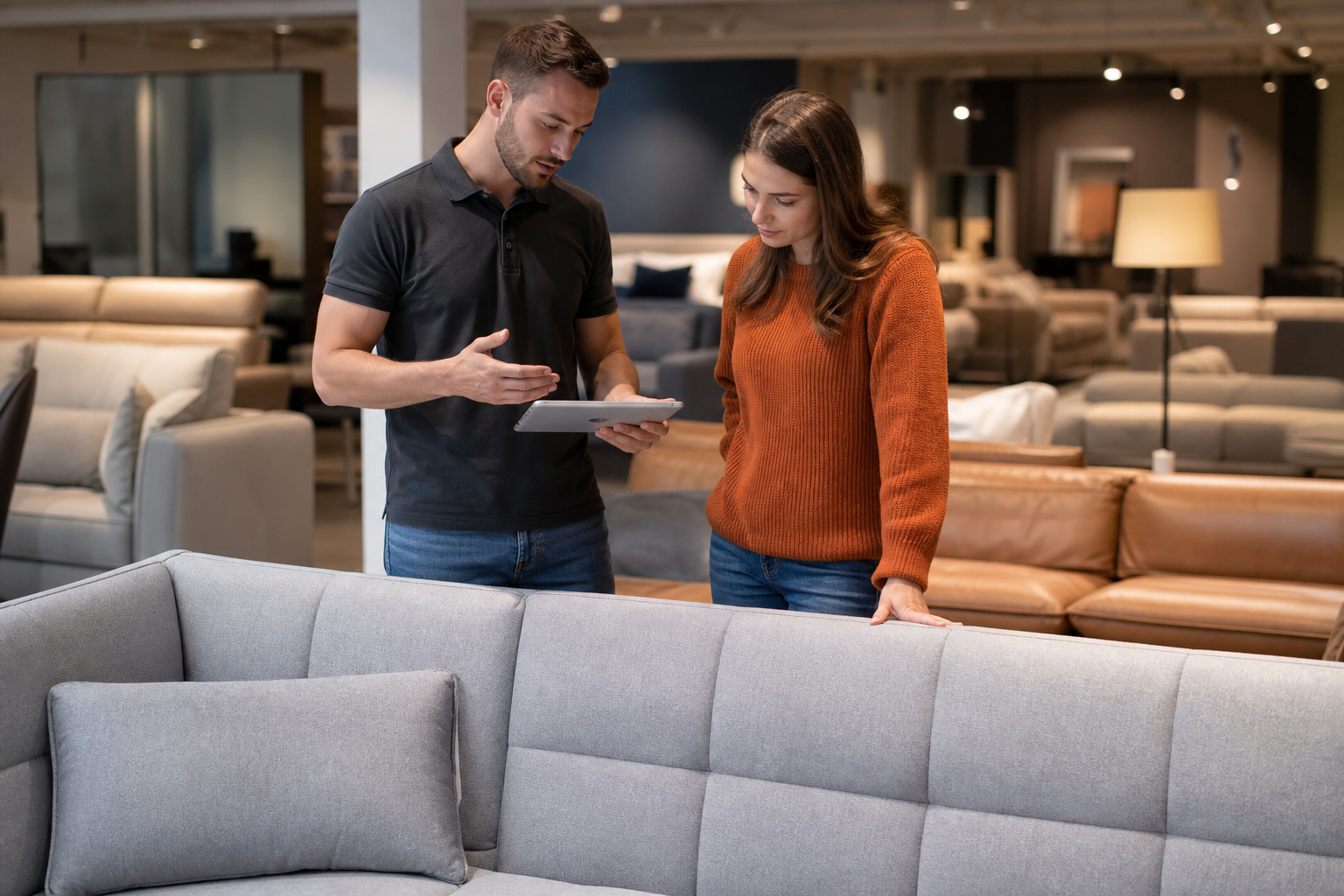 physical furniture store sofa display decision