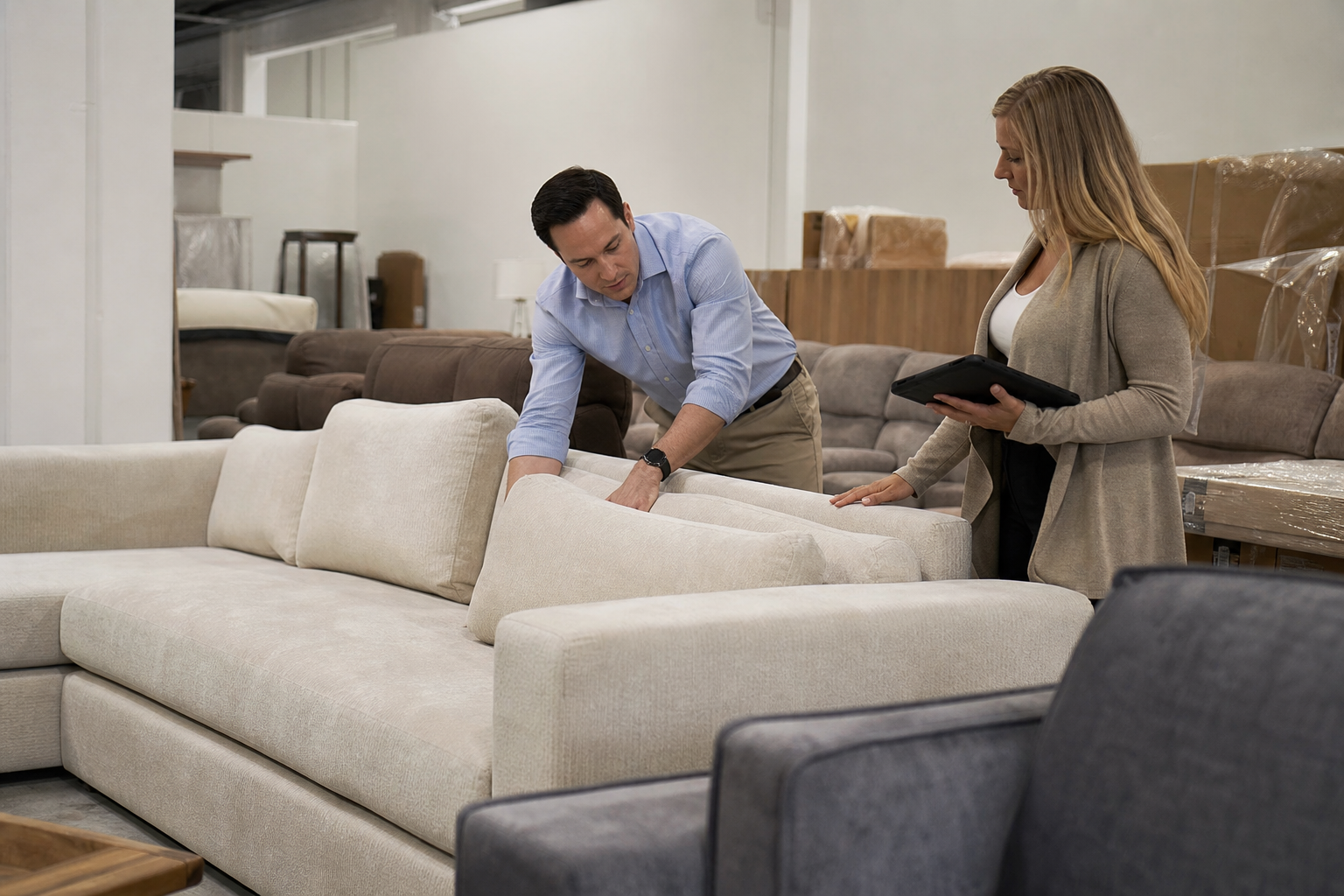 physical furniture store sofa display decision