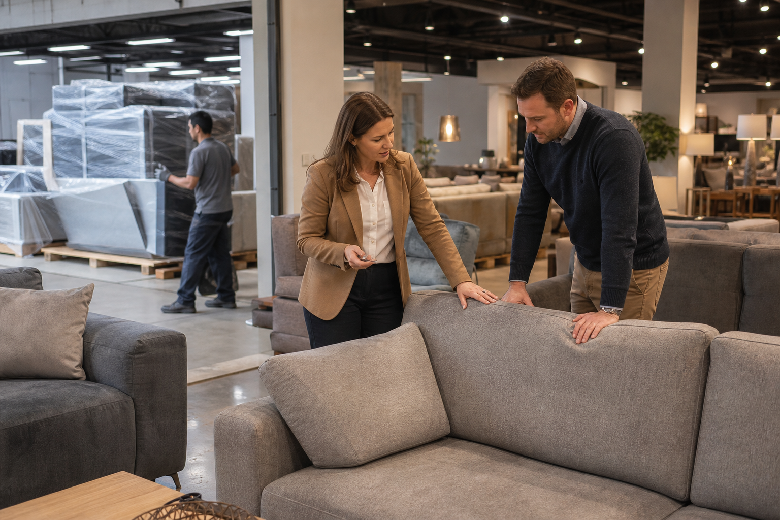 physical furniture store sofa display decision