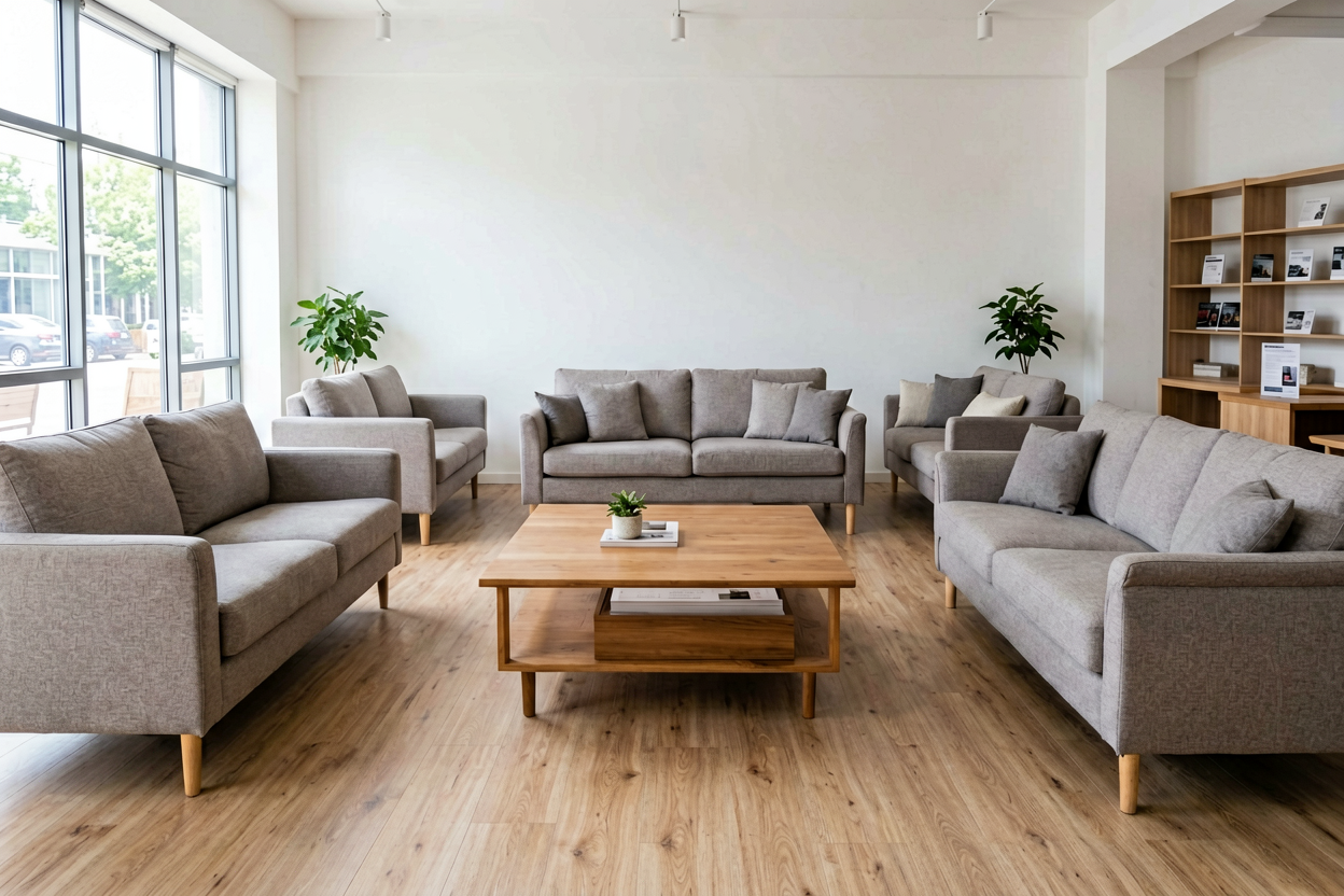 physical furniture store sofa display decision