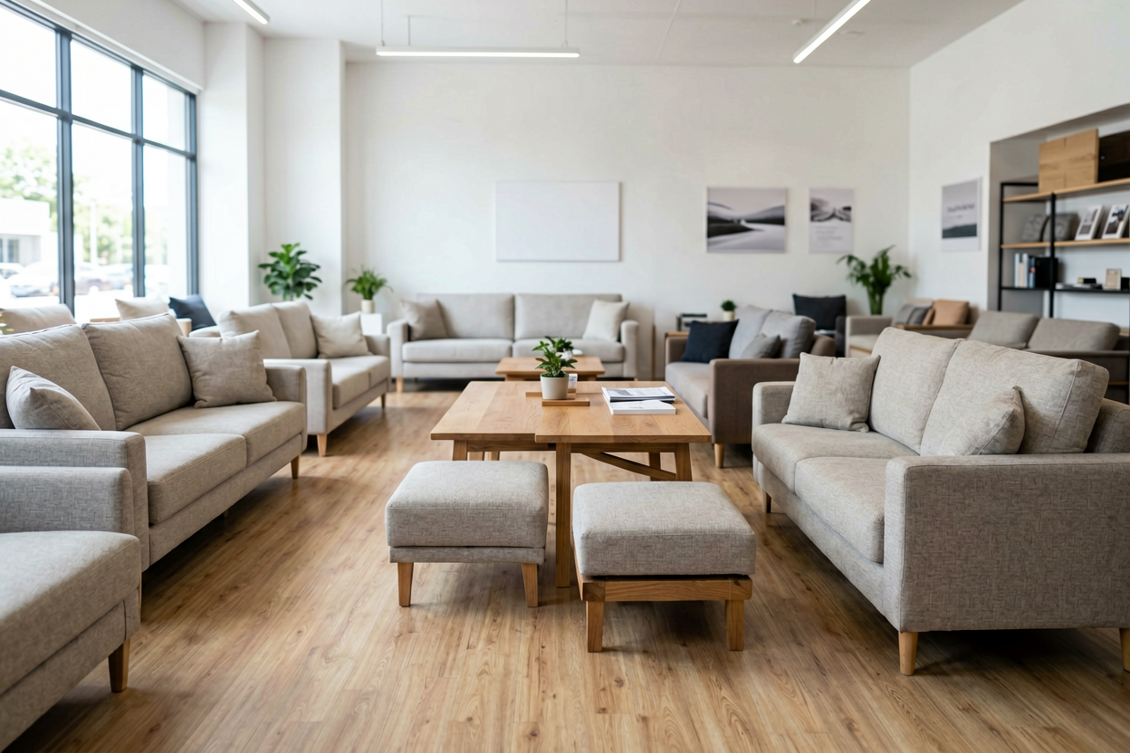 physical furniture store sofa display decision