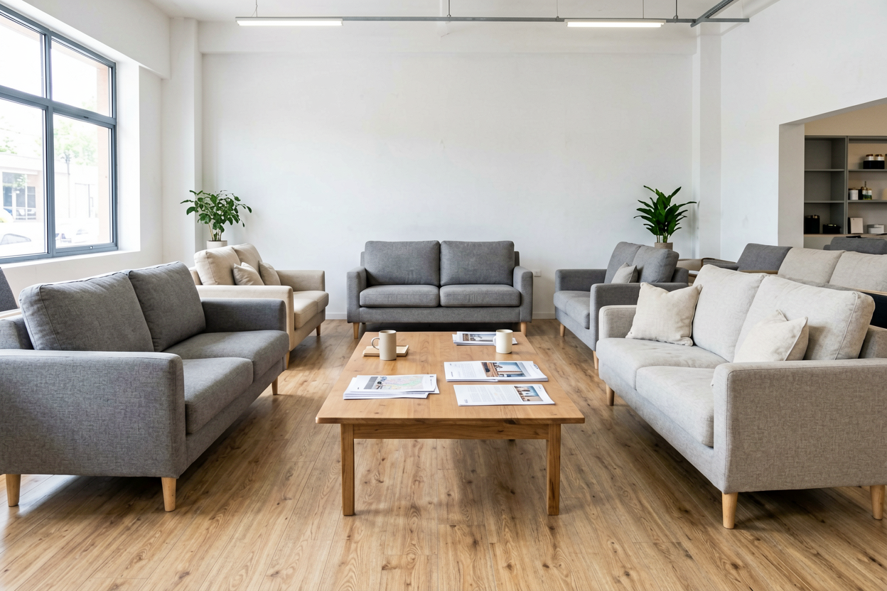 physical furniture store sofa display decision