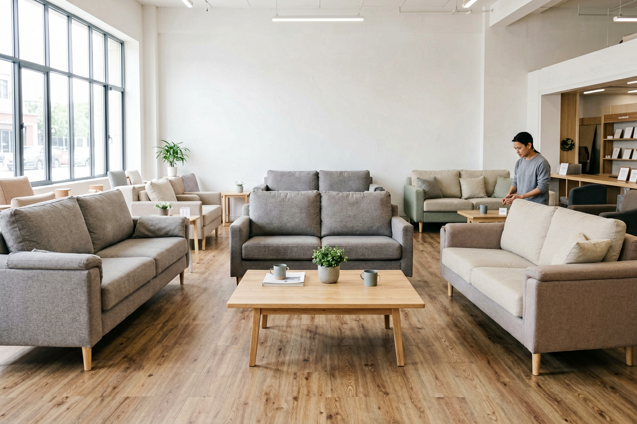 physical furniture store sofa display decision