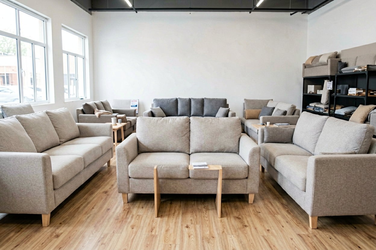 physical furniture store sofa display decision