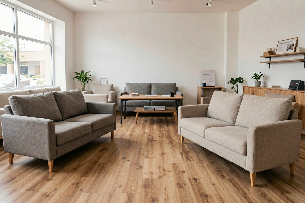 physical furniture store sofa display decision