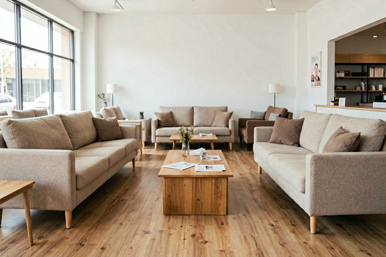 physical furniture store sofa display decision