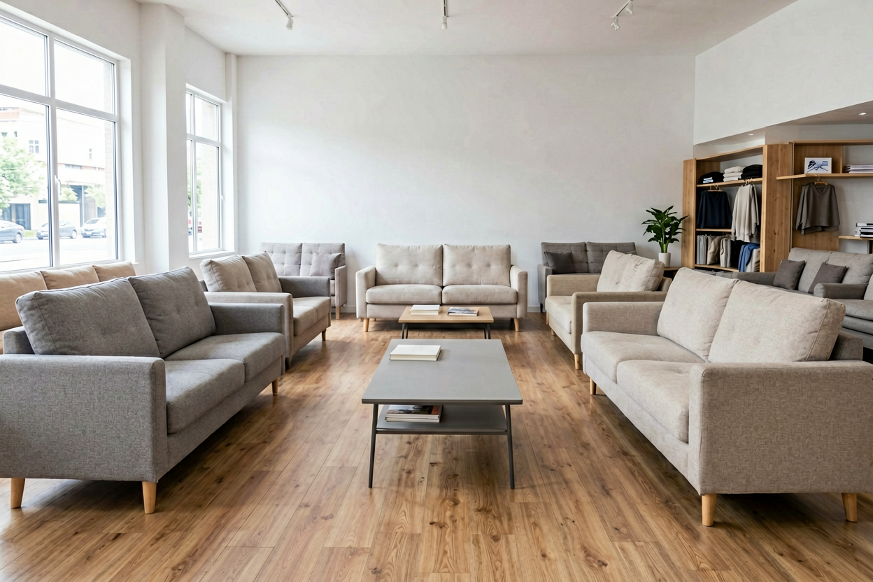 physical furniture store sofa display decision