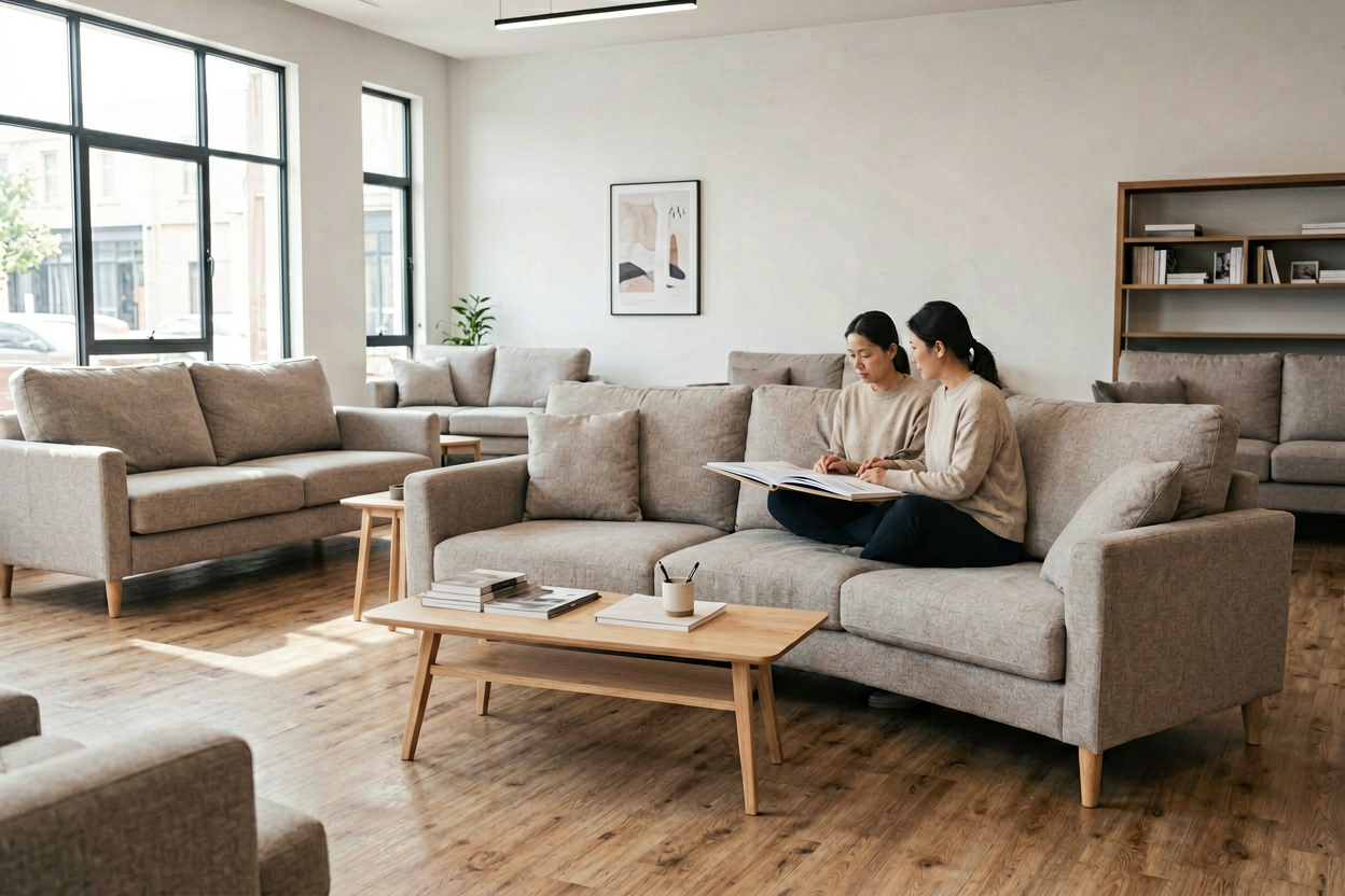 physical furniture store sofa display decision