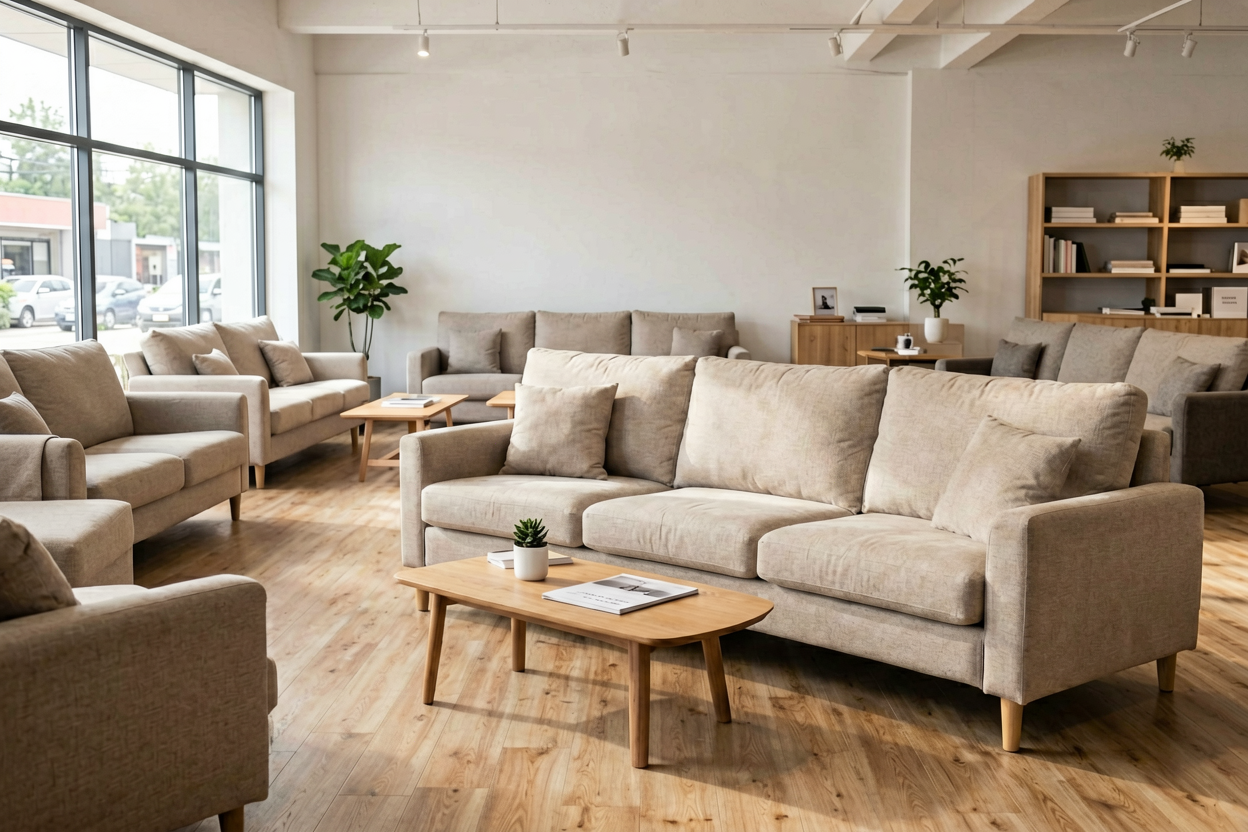 physical furniture store sofa display decision