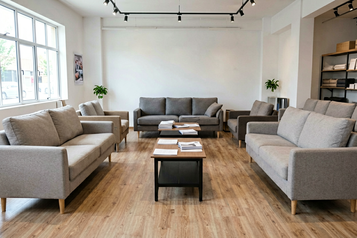 physical furniture store sofa display decision