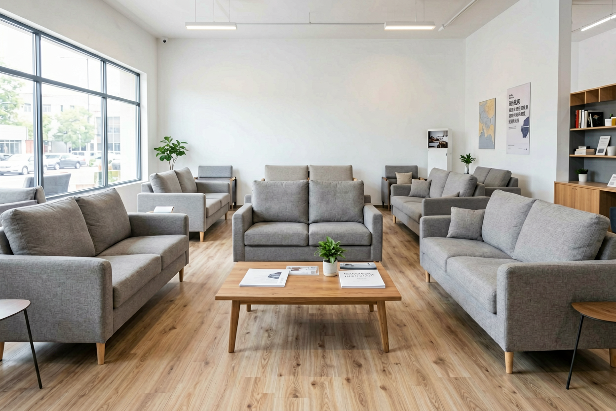 physical furniture store sofa display decision