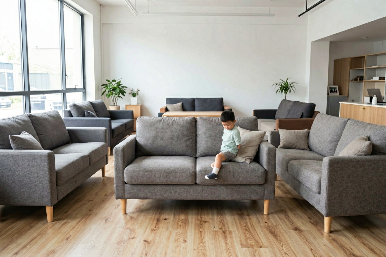 physical furniture store sofa display decision